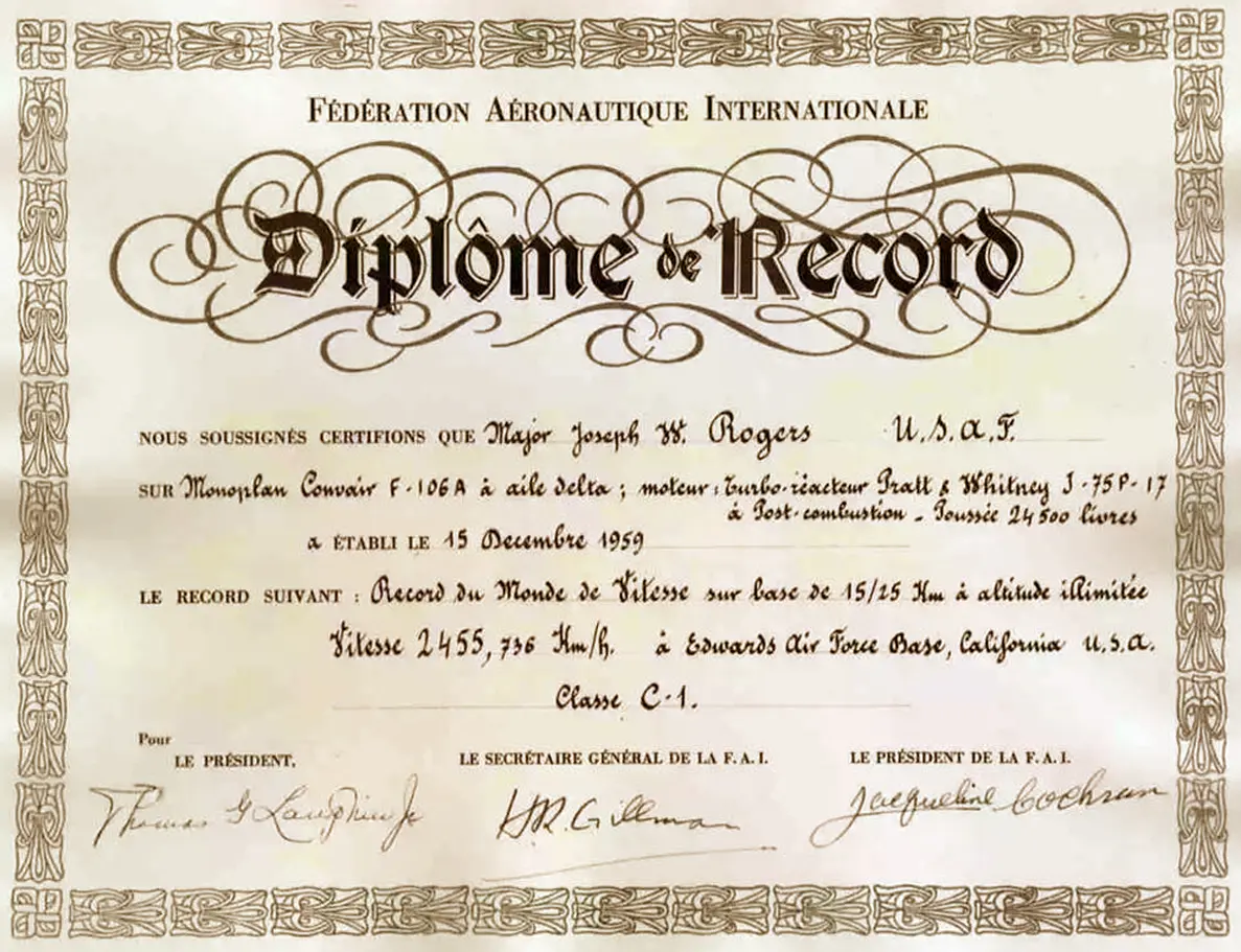 FAI Speed Record Diplome de Record to Major Joseph W. Rogers for F-106 Speed Record run 15 Dec 1959